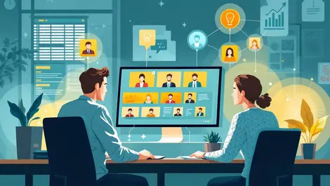 Small business office manager reviewing candidate profiles with skills icons and job seekers interacting smart matching technology