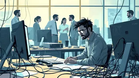 Tired it professional at desk with tangled network cables in office