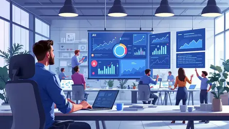 Office workers ai digital screens data graphs learning modern collaboration