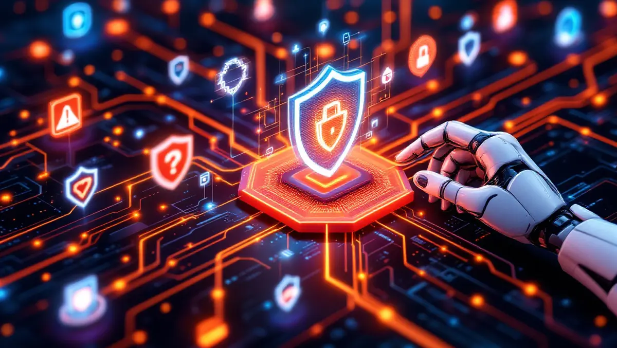 Automated cyber defense robotic hand analyzing threats network shield icons