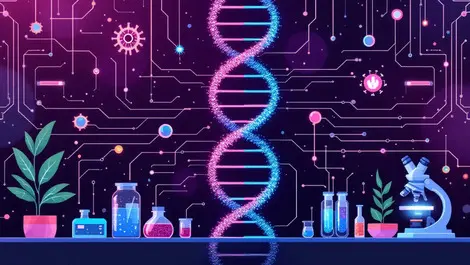 Dna double helix with circuit patterns surrounded by lab equipment ai biology integration