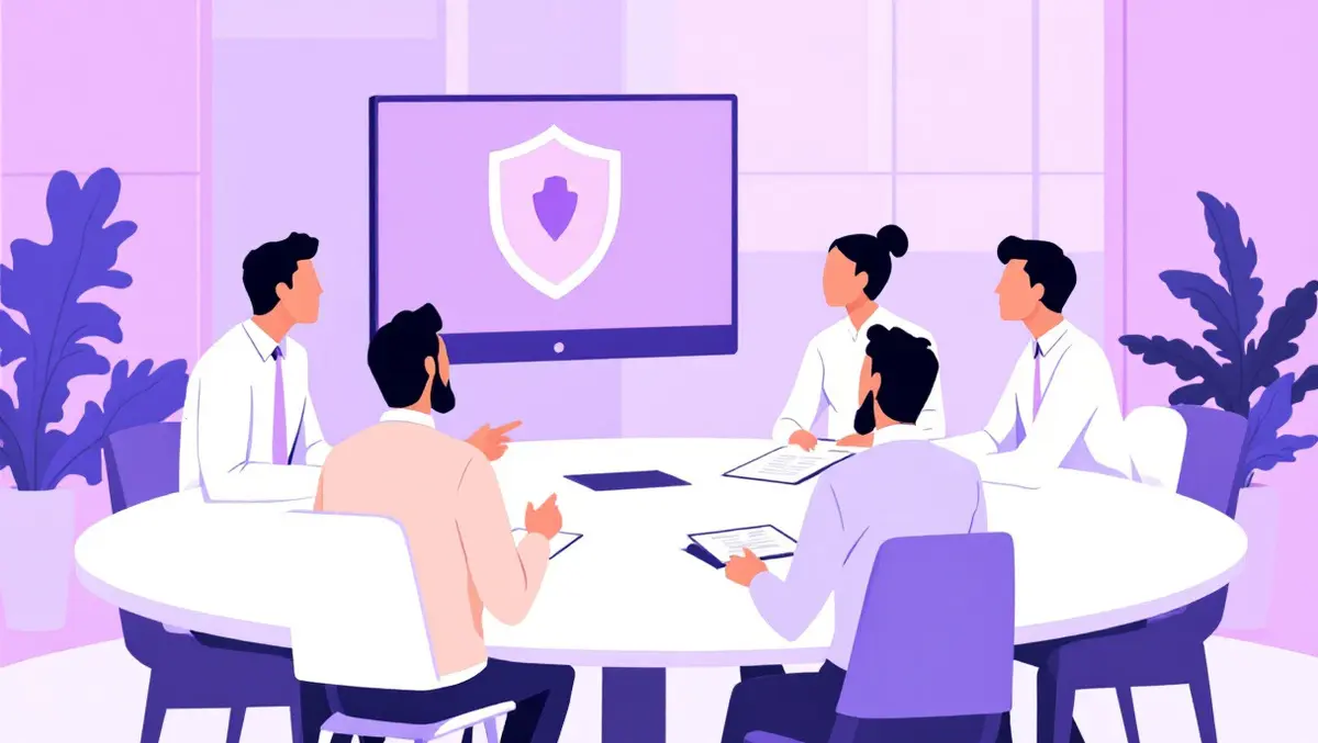 Business meeting executives discussing shield cyber protection teamwork