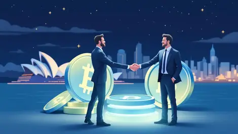 Businessmen shaking hands digital coins sydney opera house city skyline financial acquisition crypto australia