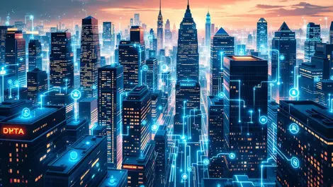 Interconnected data streams between modern us office buildings symbolizing advanced data management