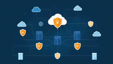 Secure data infrastructure interconnected servers cloud icons with shields