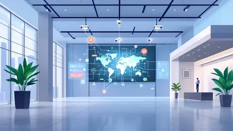 Modern commercial building lobby security cameras digital screens ai data flows