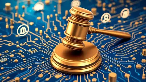 Judge gavel on circuit board legal tech ai disputes digital connections icons