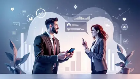 Business professionals voice interface smartphone financial graphs fintech