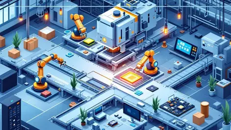 Modern automated factory robotic arms conveyor belts circuit boards