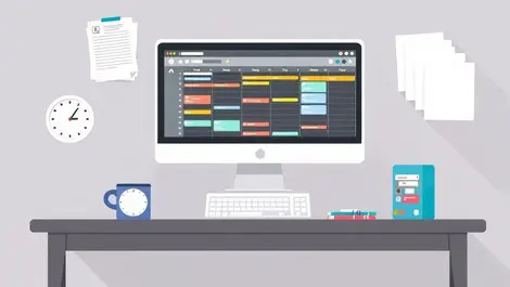 Realistic office desk computer digital calendar scheduling interface employee automation