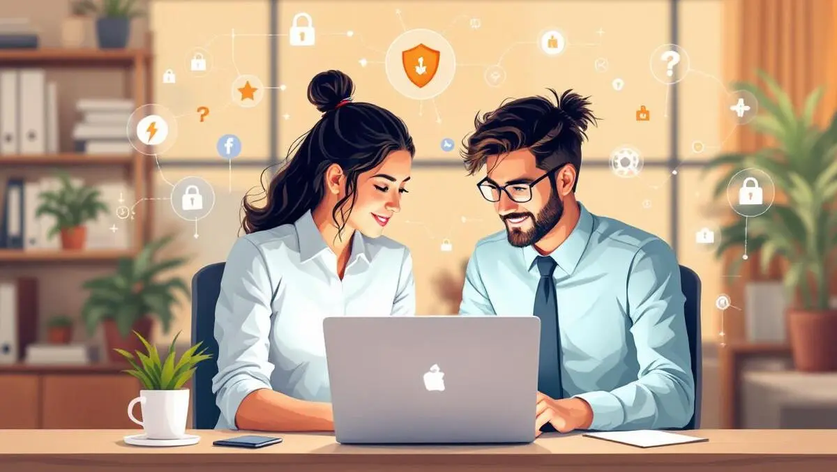 Two professionals collaborating over laptop with cybersecurity icons technology training office