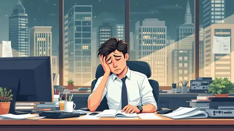 Tired australian office worker cluttered desk stress fatigue highrise buildings