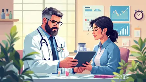 Australian doctor patient viewing colorful pathology results tablet medical office