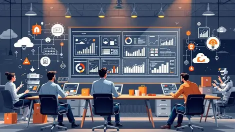 Modern office professionals analyzing supply chain digital dashboards automation logistics cloud tech