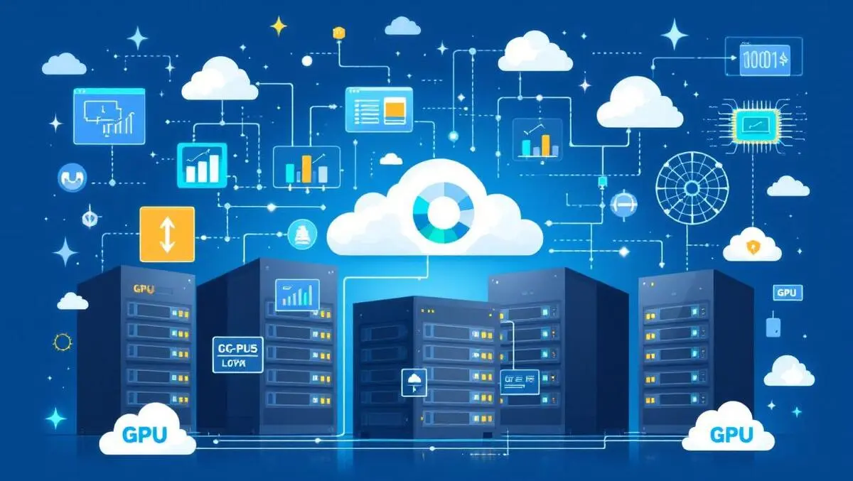 Detailed illustration server racks cloud icons data flow charts gpu chips