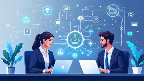 Business professionals laptops digital interface icons ai process automation