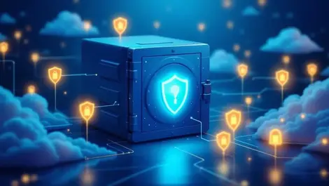 Secure digital vault glowing shields padlocks enterprise security cloud access