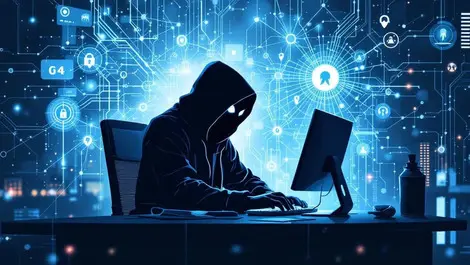 Realistic hooded figure computer digital phishing hooks ai cyber threats