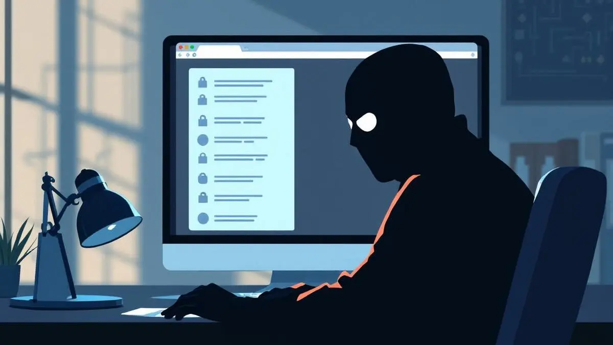 Computer screen browser sidebar transforming into masked thief silhouette login theft