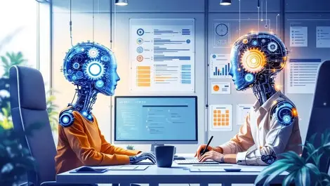 Digital co workers human figures gears circuits managing workflow modern office