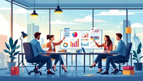 Business professionals analyzing colorful charts graphs modern office australian cityscape