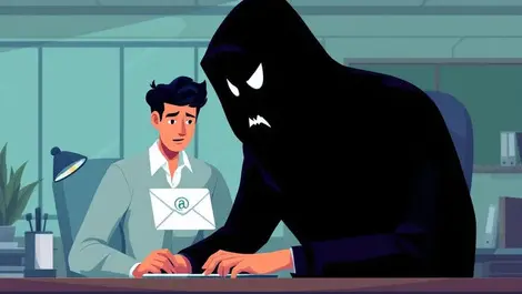 Office worker opening suspicious email attachment shadowy cyber threat