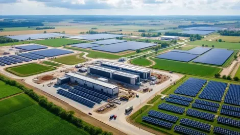 Aerial illustration modern data centers green fields solar panels indiana