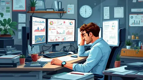 Stressed office worker at cluttered desk with multiple screens uk office