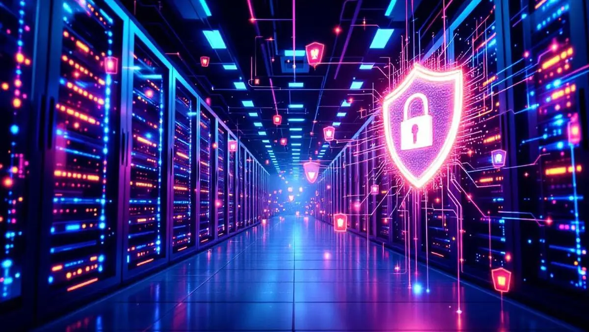 Realistic modern data center server racks glowing lights security shields