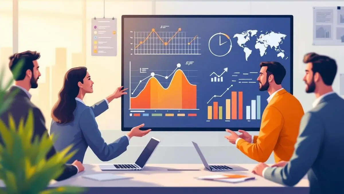 Business professionals collaborating digital dashboard rising charts automated workflow modern office