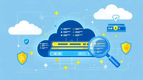 Digital cloud layered security shields data packets containers servers magnifying glass