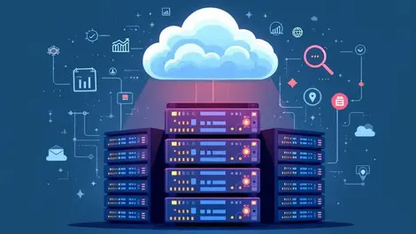 Cloud storage management server racks data analytics icons illustration