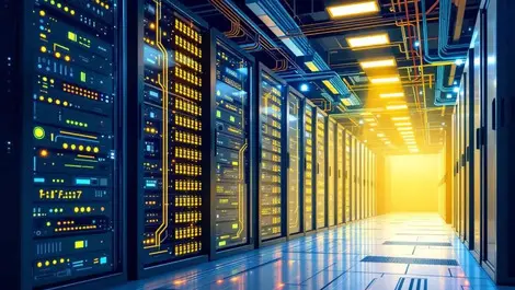 Modern data center internal server racks network cables ai cloud computing