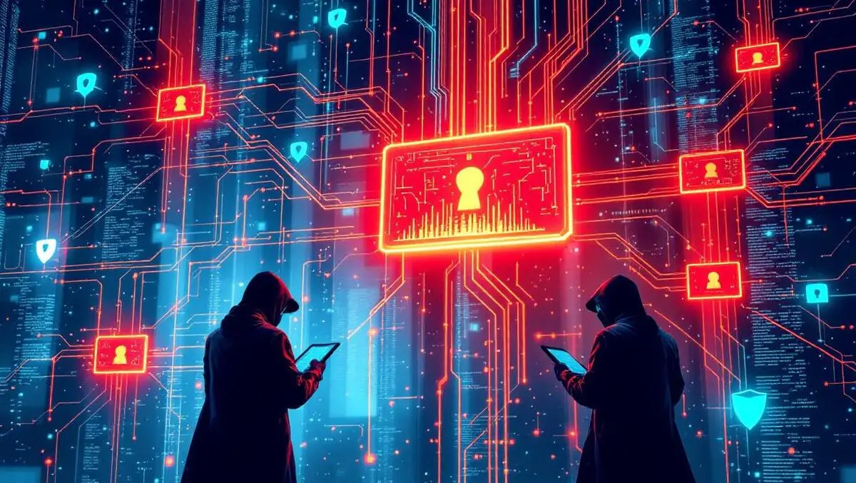 Digital network web glowing red breaches hackers vs blue security shields