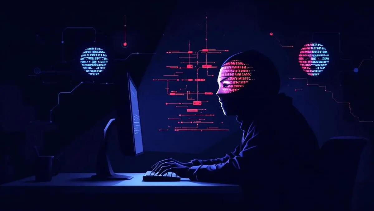 Masked figure at computer with digital shadows network breaches faces morphing deepfakes dark tense