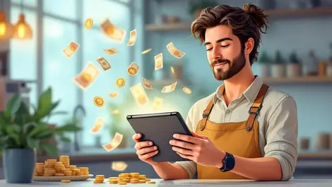 Australian cafe owner using digital tablet with currency flowing from screen