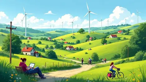 Vibrant uk countryside rolling green hills cottages wind turbines cycling laptops