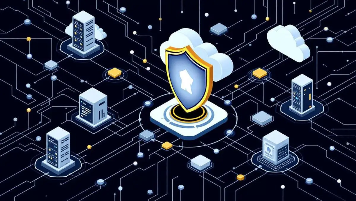 Interconnected networks computer systems shield symbol automated cybersecurity
