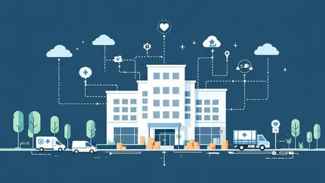Modern hospital building with cloud icons and connected medical supply chain elements