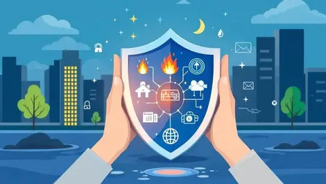 Shield protecting against fire flood digital hazards with corporate buildings nature