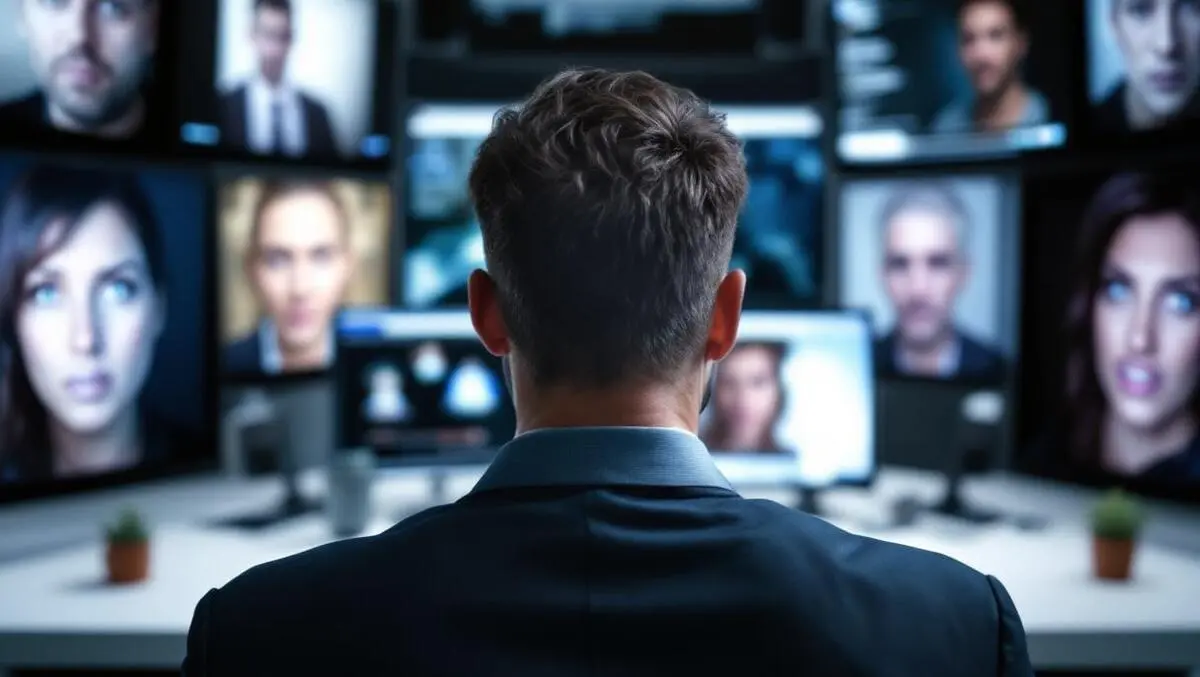 Worried businessperson digital screens suspicious faces online identity fraud