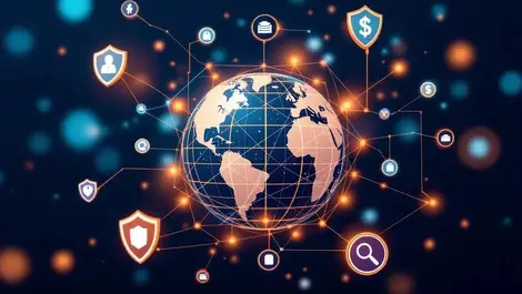 Global financial network globe with shields and magnifying glass symbols illustration