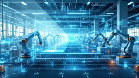 Realistic modern factory floor advanced machinery robotic arms digital double