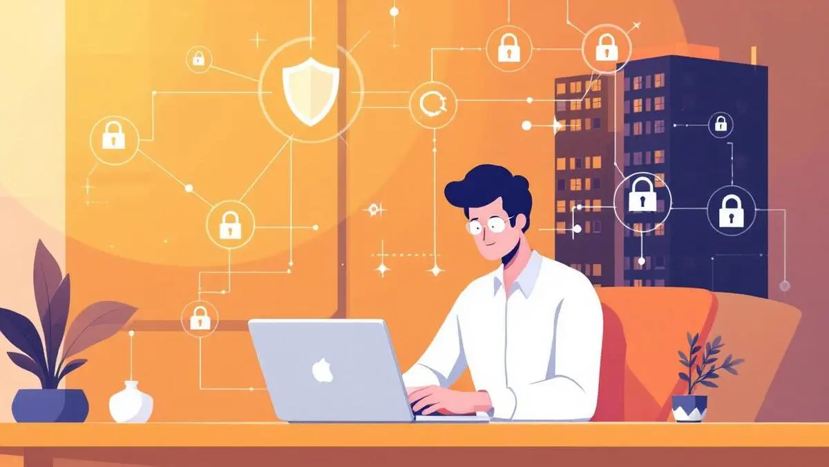 Professional working on laptop home cybersecurity shields locks secure network office