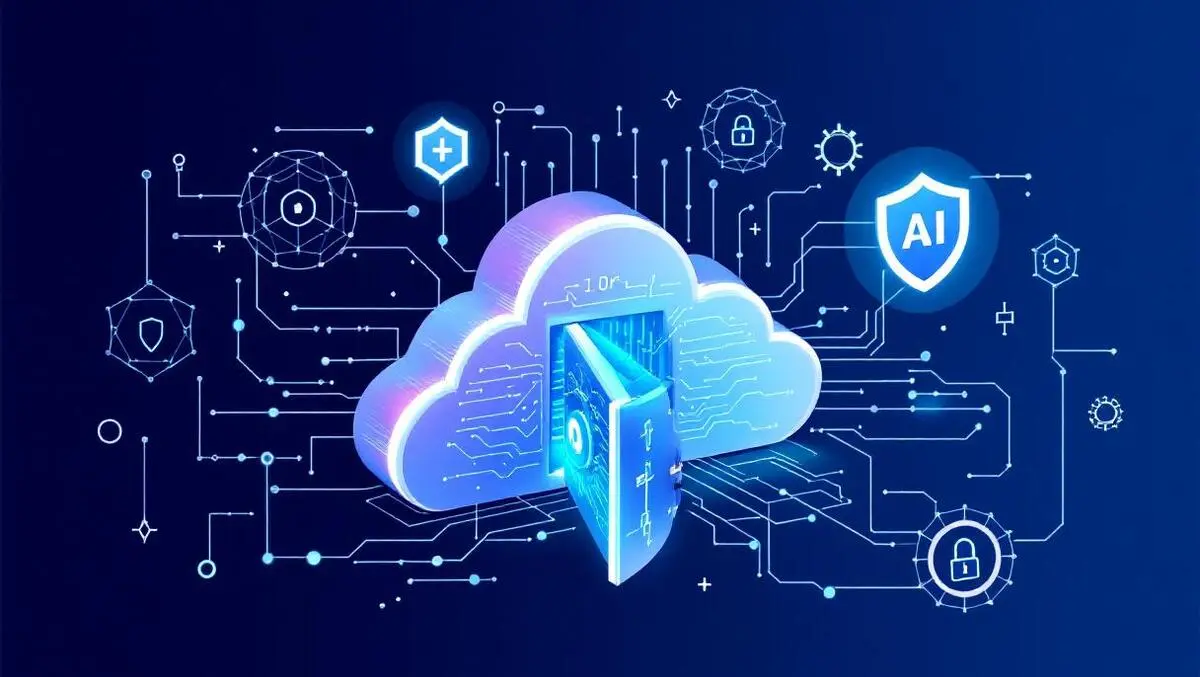 Secure cloud vault digital circuits ai neural network shield symbols protected ai workloads automated cloud security