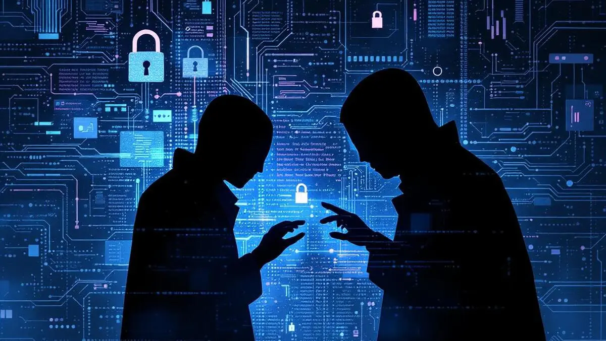 Shadowy humanoid silhouettes digital networks cyber threats abstract