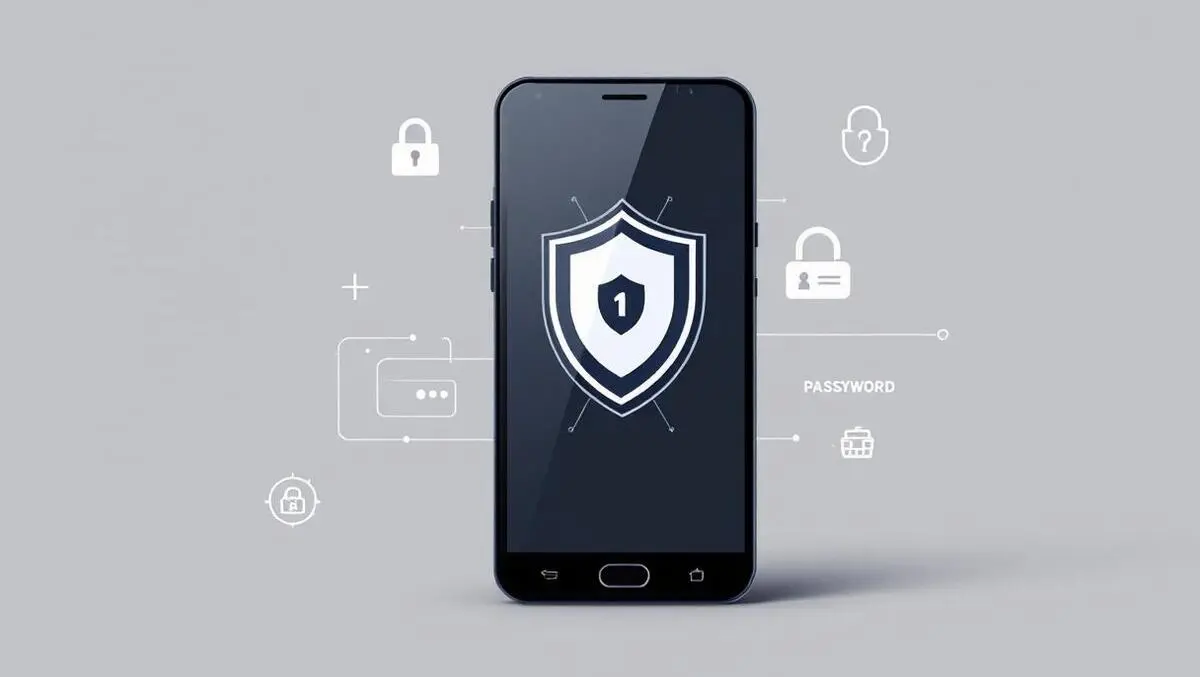 Smartphone secure shield icon with locks passwords encrypted data illustration
