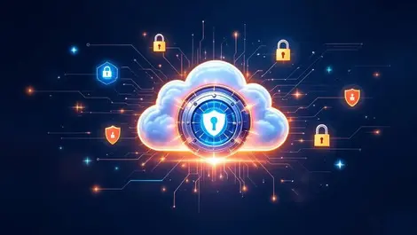 Realistic cloud shaped safe vault secure glow digital locks encrypted shields data protection