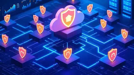 Illustration interconnected cloud servers shields stable uptime highlighted nodes