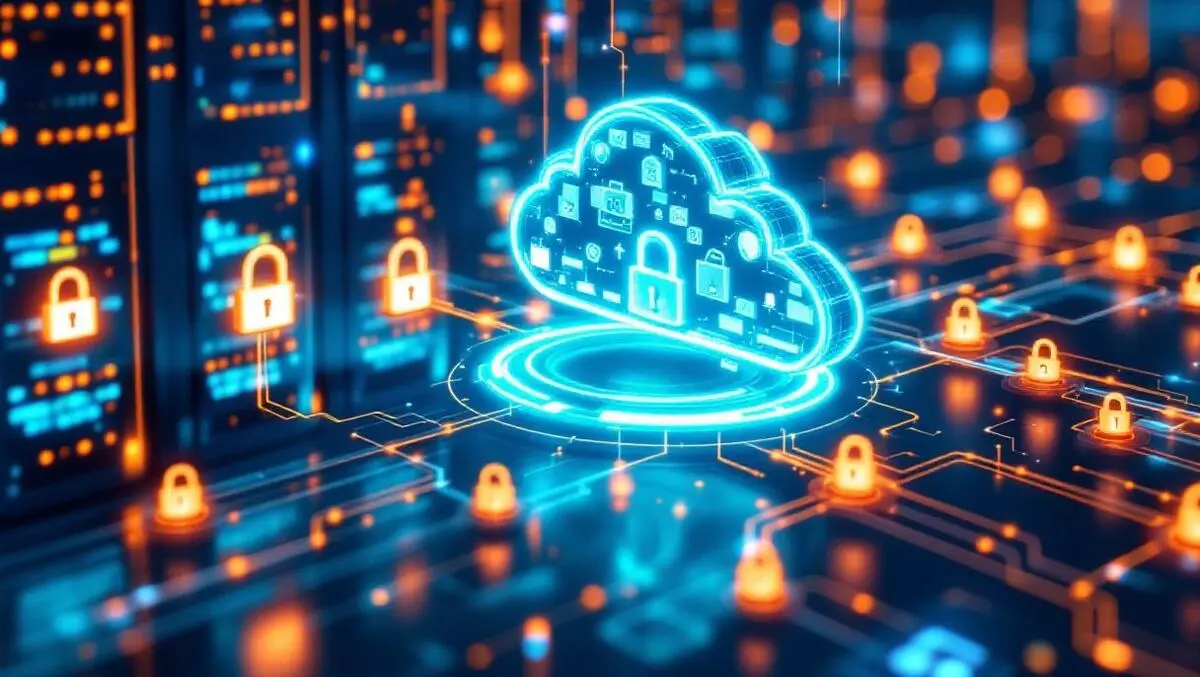 Modern data center secure locked servers glowing pathways cloud security global fintech